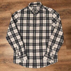 Casual Button Down Mens Large Gray & White Plaid Rugged Flannel Shirt